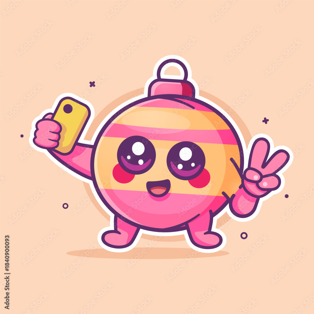 Fototapeta premium smiling Christmas Ball character mascot taking a selfie with a smartphone isolated cartoon 