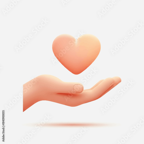 Caring 3D Hand Gifting Floating Heart, Symbolizing Love, Empathy, Health, and Charity