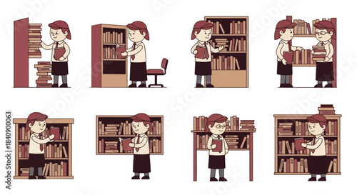 Library staff arranging books on shelves