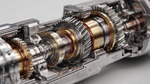 Close-up view of mechanical gears and components in a transmission system
