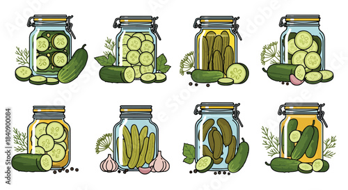 Pickled cucumbers in jars with herbs and spices