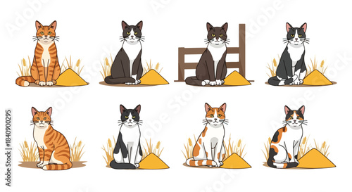 Cats sitting in grass, various colors and patterns
