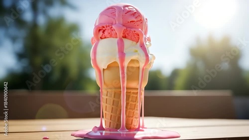 Melting ice cream cone with two scoops of pink and vanilla flavors dripping down on a sunny day outdoors.