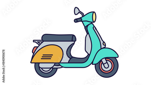 Modern scooter vector against simple vertical surface, flat clean style, isolated on white with copy space