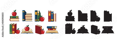School supplies with apples and books