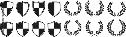 Heraldic shield and laurel wreath silhouette set with black and white emblem shapes, classic crest vector elements for awards and logos