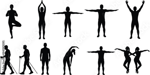 Human silhouette fitness and activity illustration set featuring yoga poses stretching exercises walking and jumping movements, black athletic vector collection