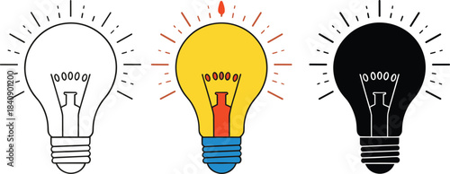 Light bulb illustration set with outline colored and silhouette styles, creative idea and innovation concept vector icons for business and education designs