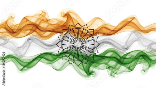 Indian flag represented by colorful smoke waves Ashoka Chakra in the center abstract patriotic concept for national holidays and events