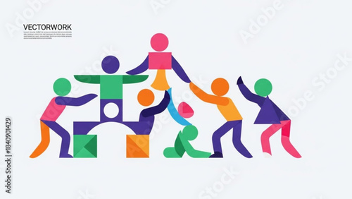 Diverse team building a structure together symbolizing cooperation and success flat vector illustration for business concepts