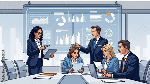 Business team in a modern boardroom analyzing data on a futuristic holographic display for corporate strategy and financial planning