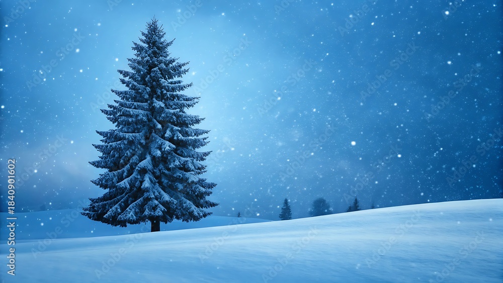 Obraz premium Snowy Winter Landscape with Pine Tree and Falling Snow