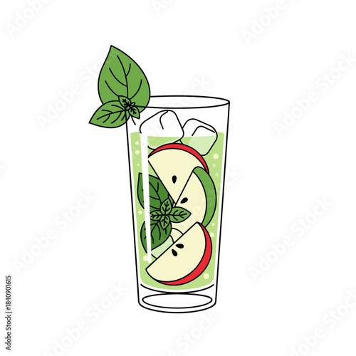 Apple basil mocktail vector design, healthy drink icon on white background