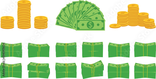 Money and cash illustration set with stacks of dollar banknotes and gold coins, flat finance vector elements for business wealth and savings concepts