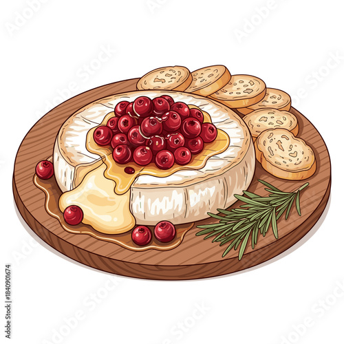 Baked brie with cranberries vector with elegant appetizer concept, flat minimal style, isolated on white with copy space