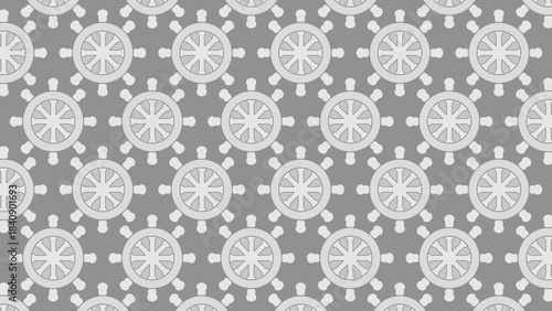 Seamless Monochrome Geometric Star or Wheel Pattern: Repeating Industrial or Traditional Motif in Grey and White Tones for Background, Fabric, or Wallpaper