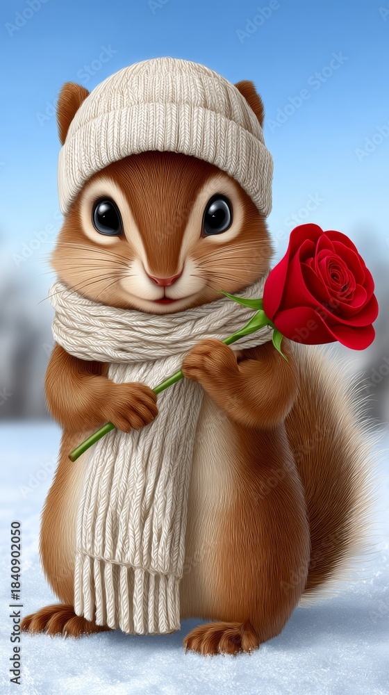 Fototapeta premium Adorable cartoon squirrel dressed in a cozy hat and scarf holds a red rose, creating a charming and whimsical winter scene perfect for romantic or seasonal themes.