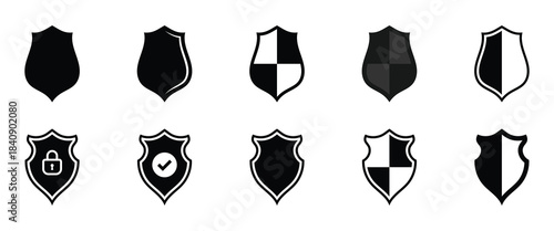 Authority shield badge icons vector set. Professional shield badge icons symbolizing authority, control, law enforcement, identity. Vector illustration isolated on white background. EPS 10