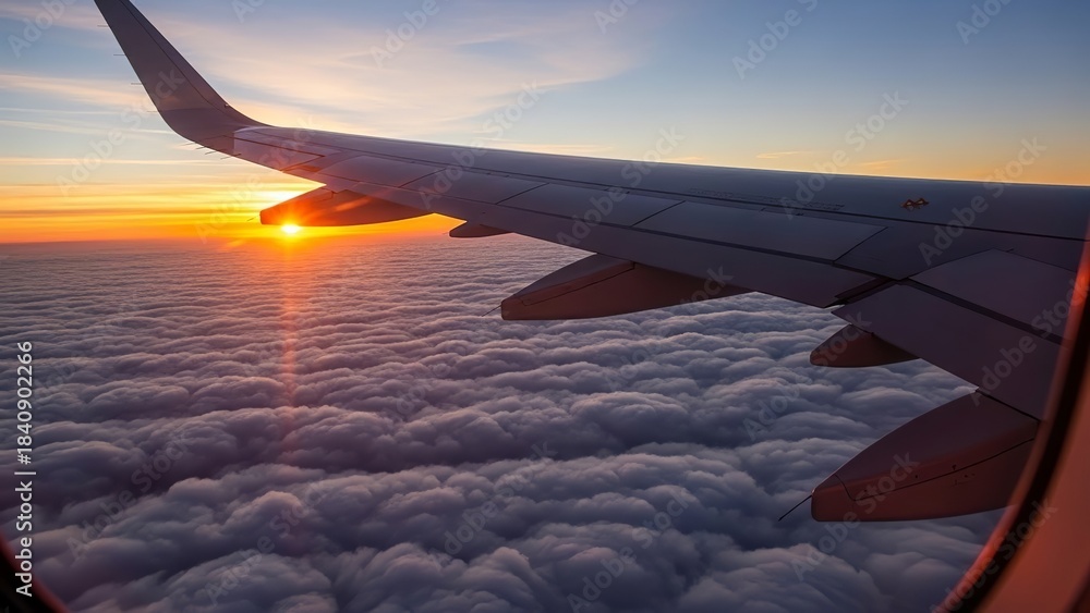 Obraz premium Sunset from airplane window over fluffy white clouds