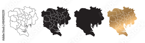 Vector map of Tokyo, Japan, in black and gold lines on a white background.