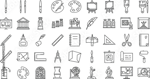 Large Line Icon Set Vector Collection for Art Supplies, Creative Tools, Painting, Sculpting, Design, Education, and Drafting Instruments.