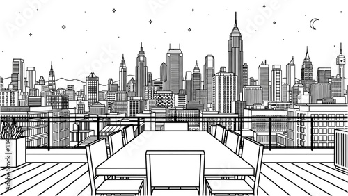 High-quality dark black outline art of a rooftop dining area with a long table and panoramic urban view, modern outdoor architecture design