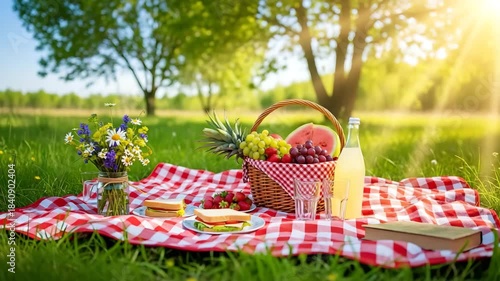 Picnic spread on a red and white checkered blanket in a sunny park with a basket of fresh fruit and sandwiches