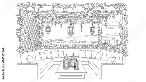 High-quality dark black outline art of a cozy rooftop lounge with cushioned sofas, lanterns, and climbing vine trellis