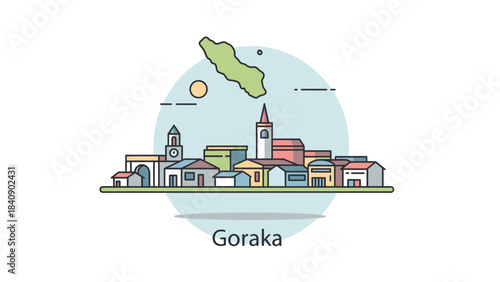 Scenic Goraka Townscape Illustration Vibrant Colors, Unique Buildings, Lush Island Backdrop
