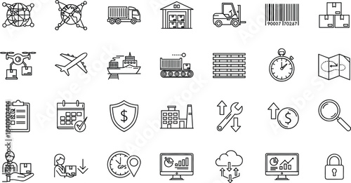 Large Line Icon Set Vector Collection for Global Logistics, Supply Chain, Shipping, Inventory, Warehouse Management, and Modern Transportation