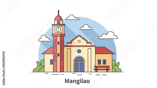 Church Illustration with Clock Tower in Mangilao, Guam A Peaceful and Historic Landmark