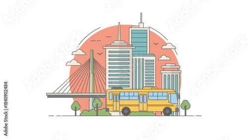 Cityscape Illustration with Bus, Bridge and Buildings, Clean, Simple and Minimalist Style