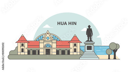 Hua Hin Skyline Minimalist Illustration of Landmark Buildings and Statue in Thailand, Travel Destination