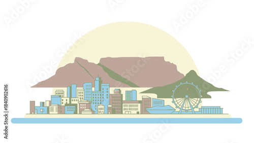 Cape Town's Scenic Skyline Table Mountain and Cityscape Illustration