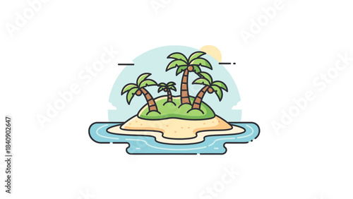 Tropical Island Getaway A Cartoon Illustration of a Palm-Fringed Oasis in the Ocean