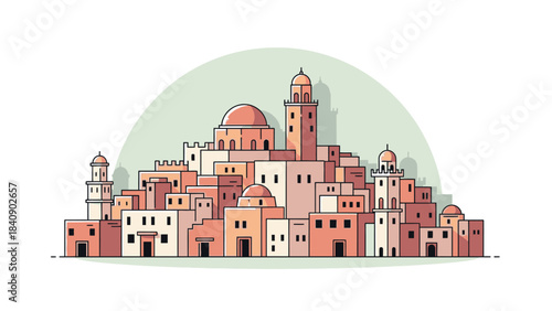 Whimsical Middle Eastern Cityscape Illustration with Colorful Buildings and Delicate Outlines Against Pale Green
