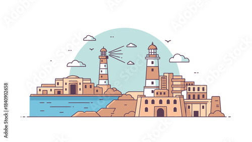 Coastal Lighthouse Landscape Illustration with Cityscape and Nautical Elements, Ideal for Seaside-Themed Designs
