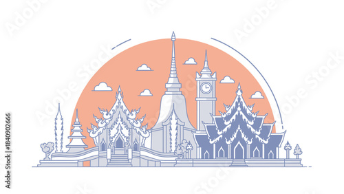 Chiang Rai Thailand Landmark, Vector Illustration of Famous Temples and Architectural Wonders in Southeast Asia