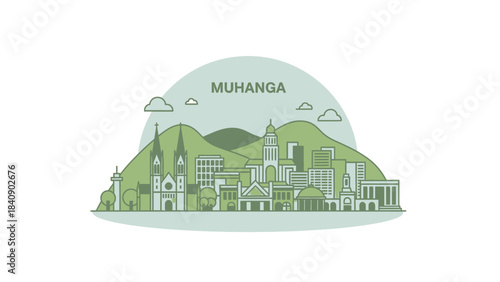 Muhanga Rwanda Skyline Illustration with Buildings and Green Hills Depicting Urban Landscape