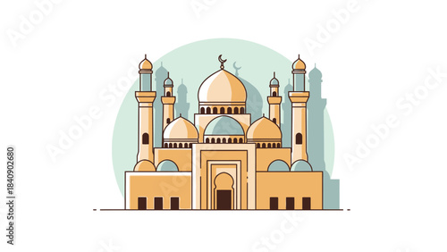 Minimalist Mosque Illustration with Domes and Minarets, Islamic Architecture, and Cultural Symbolism