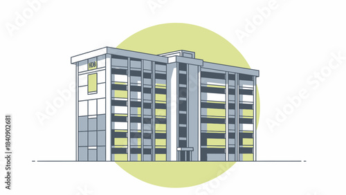 City Apartment Building Illustration with Green Circle Backdrop, Suitable for Urban Development Promotion