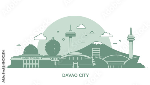 Davao City Skyline Illustration Minimalist Cityscape with Landmarks and Line Art, Philippines