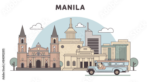 Manila Skyline Landmark Buildings, Public Transportation, and Trees in the Philippines