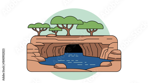 Scenic Landscape with Cave, Water, and Trees in a Minimalist Illustration Style