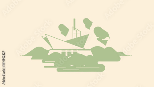 Minimalist Maritime Adventure A Whimsical Illustration of a Ship Sailing Through Foggy Waters with Coastal Features