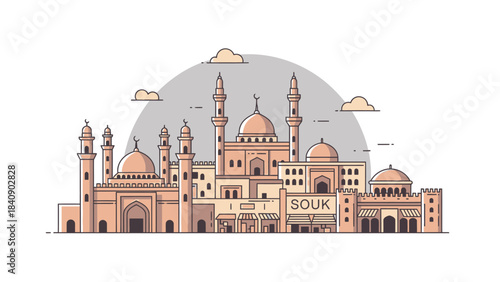 A Cartoon Illustration of Middle Eastern Architecture Depicting an Old Town Marketplace and Mosques