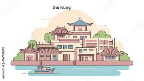 Pastel Colored Skyline of Sai Kung, Hong Kong featuring Traditional Architecture, Tranquil Waters, and Lush Greenery