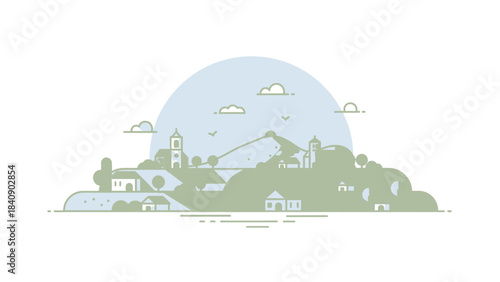 Scenic Hillside Village Illustration with Churches and Mountain Views