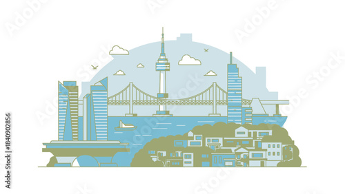 Seascape Illustration of Busan Cityscape Skyline with Tower and Buildings Against Blue Sky and Sea