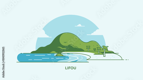Picturesque Lifou Island Landscape Illustration Tranquil Waters, Lush Greenery, and Stunning Coastal Views